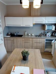 a kitchen with a wooden table with a plant on it at Zöld zafír in Sárvár