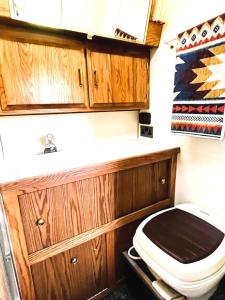 ein kleines Bad mit WC und Holzschränken in der Unterkunft Bonny Airstream in Inver Mallie