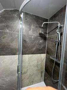 a bathroom with a shower with a glass door at Good Priced Single Rooms in East Acton in London