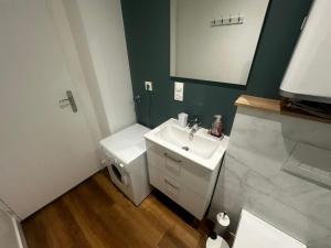 Un baño con un lavabo blanco y un espejo. en Le tropical - hyper centre - patio - wifi, en Niort