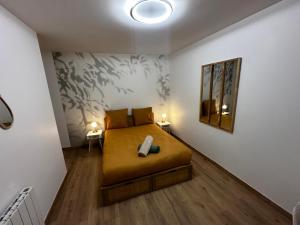 Un dormitorio con una cama y un espejo en la pared. en Le tropical - hyper centre - patio - wifi, en Niort