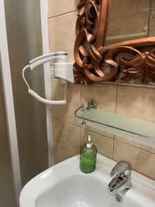 a bathroom sink with a green soap dispenser on it at Guesthouse Vladimir & Ana in Pančevo +104 photos