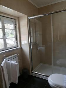 a bathroom with a shower with a glass door at O Vicente in Loriga