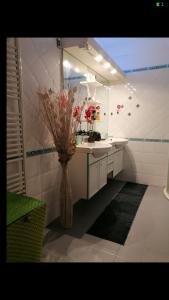 a bathroom with a large mirror and a vase with flowers at Tajitu chambre table d hôte naturiste FKK in Chartres +53 photos