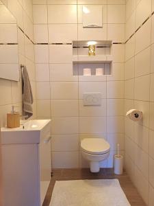 a small bathroom with a toilet and a sink at Ferienwohnung Glashütte in Sankt Michael im Lungau +10 photos