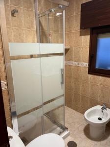 a bathroom with a shower and a toilet and a sink at Apartamentos Las Brisas, Ojedo-Potes in Ojedo +22 photos
