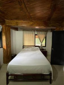a bedroom with a large bed with a wooden ceiling at Los micos in San Rafael