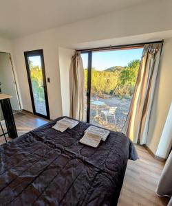 a bedroom with a bed with a view of the ocean at Cabaña Container en Viñedos in San Rafael