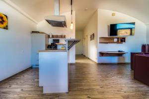 a kitchen with a counter in a room at LAGOVIDA Dünenhaus Comfort d am Störmthaler See in Großpösna +28 photos