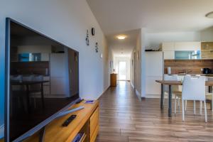 a living room and dining room with a large flat screen tv at LAGOVIDA Kapitänskajüte e am Störmthaler See in Großpösna