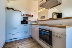 a kitchen with blue cabinets and a stove at LAGOVIDA Dünenhaus Comfort f am Störmthaler See in Großpösna