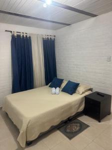 a bedroom with a large bed with blue pillows at Acogedor Aparta estudio central 104 in Popayan