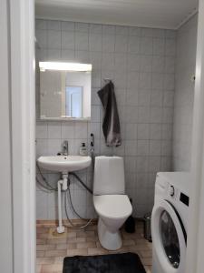 a bathroom with a toilet and a sink and a washing machine at Rivitalokaksio, Kinnula in Kinnula +5 photos