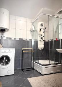 une salle de bain avec douche et machine à laver dans l'établissement Adriatic Home, à Pržno 24 autres photos