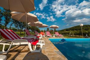 a group of chairs and umbrellas next to a swimming pool at Hacienda Antioquia in Berane