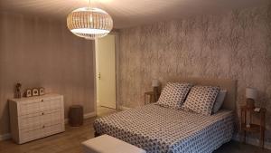 a bedroom with a bed and a chandelier at Gîte de la croix du Dan in Poligny