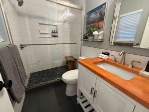 Un baño con inodoro, lavabo y ducha. en The Eagles Nest With Hot Tub, en Flagstaff