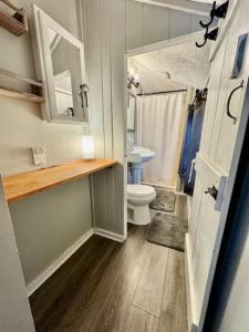 ein kleines Badezimmer mit Toilette und Waschbecken in der Unterkunft Cozy Cottage, Private Lake Access, Fires and Fun! in Lake Harmony