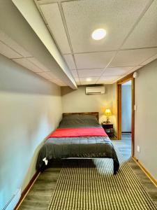 ein Schlafzimmer mit einem Bett in einem Zimmer in der Unterkunft Cozy Cottage, Private Lake Access, Fires and Fun! in Lake Harmony