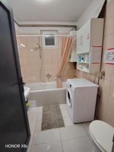 a bathroom with a tub and a washing machine in it at Sobe "Mira",Lipovac -Bajakovo in Lipovac +53 photos