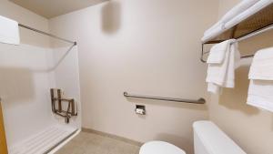 a bathroom with a toilet and a shower at Western Executive Inn in Billings +20 photos