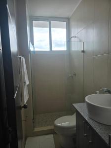 un bagno con doccia, WC e lavandino di Apartamento en Playa Corona Ph Patricia Italia a La Chumicosa