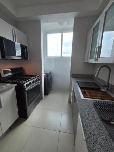 una piccola cucina con fornelli e lavello di Apartamento en Playa Corona Ph Patricia Italia a La Chumicosa Altre 5 foto