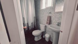 a small bathroom with a toilet and a sink at Cabaña en pleno centro in Valdivia +17 photos
