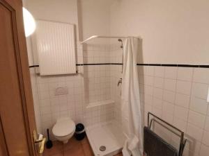 y baño blanco con ducha y aseo. en Grand Reverend Deichstern, en Großwürden 9 fotos más