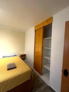 a bedroom with a bed and a wooden closet at Acogedora y renovada casa en el corazón de San Pedro de Atacama in San Pedro de Atacama