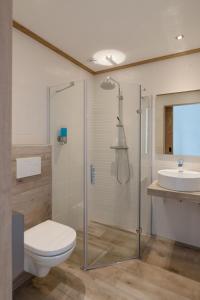 een badkamer met een douche, een toilet en een wastafel bij Hotel Giethoorn in Giethoorn