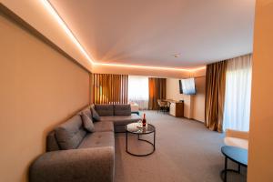 ein Wohnzimmer mit Sofa und Tisch in der Unterkunft River Park Hotel in Drăgăşani