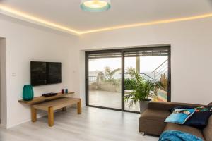 a living room with a couch and a tv at Eshkol Housing Haifa - Wallenberg Suites Complex in Haifa