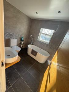 a bathroom with a tub and a toilet and a sink at 3 Bedroom Holiday home with Hot Tub in Carew