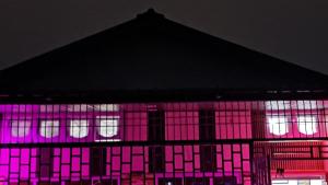 a building with pink and purple lights on it at Sukoon Villa in Tezpur