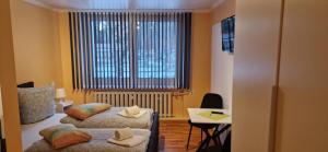 a small room with two beds and a window at Pension Stechlinsee in Neuglobsow