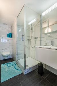 een badkamer met douche, toilet en wastafel bij Aparthotel Mama Home Stankt Georgen in St. Gallen +24 foto's