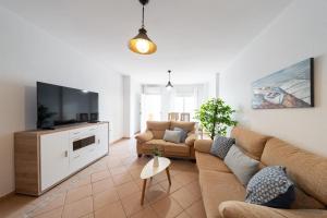 ein Wohnzimmer mit Sofa und Flachbildfernseher in der Unterkunft Dúplex La Casilla in San José