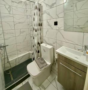 a bathroom with a toilet and a sink and a shower at Eva's Apartments with great view in Pálioura