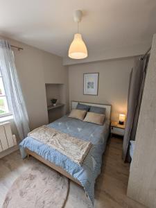 a bedroom with a bed with a blue comforter at Appartement dans le quartier médiévale proche centre-ville ! in Bourges