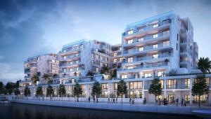 eine Darstellung eines großen Apartmentgebäudes in der Unterkunft Luxury Canal View Apartment Near Yas Island DABAS1 in Abu Dhabi