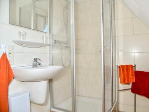 un baño con lavabo y ducha en Haus der Gemütlichkeit, en Ribnitz-Damgarten