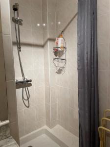 a bathroom with a shower with a shower curtain at Chalet familial cerdan à Dorres in Dorres +19 photos