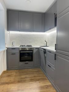 a kitchen with gray cabinets and stainless steel appliances at Apartment - Kauno 23 in Klaipėda
