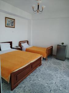 ジロカストラにあるPerkli Bezhani Roomsのベッドが2つとシャンデリアがあるホテルの部屋