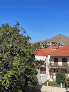 a white building with red roofs and a tree at D&K Studio in Myrina