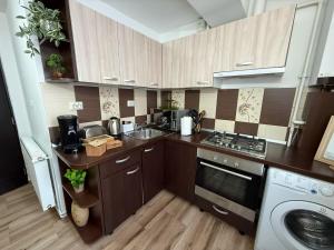 a kitchen with wooden cabinets and a washer and dryer at Ego Residence Alba Iulia in Alba Iulia
