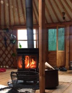 a fireplace in a room in a cabin at YURs in Baexem