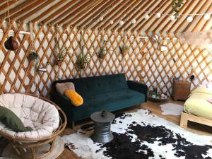 a room with a green couch in a yurt at YURs in Baexem