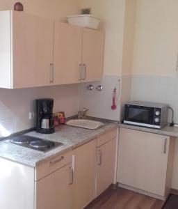 Una pequeña cocina con fregadero y microondas. en Bergschlössl - Maissonettwohnung 15, en Oberaudorf 4 fotos más